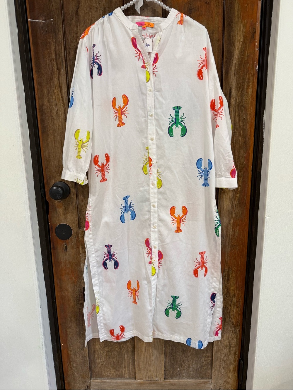 Vilagallo White Maxi Dress with Multicolored Lobster Print